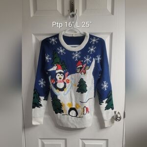 #500 Bluenotes Winter Scene Penguin Snow Sweater sz XS